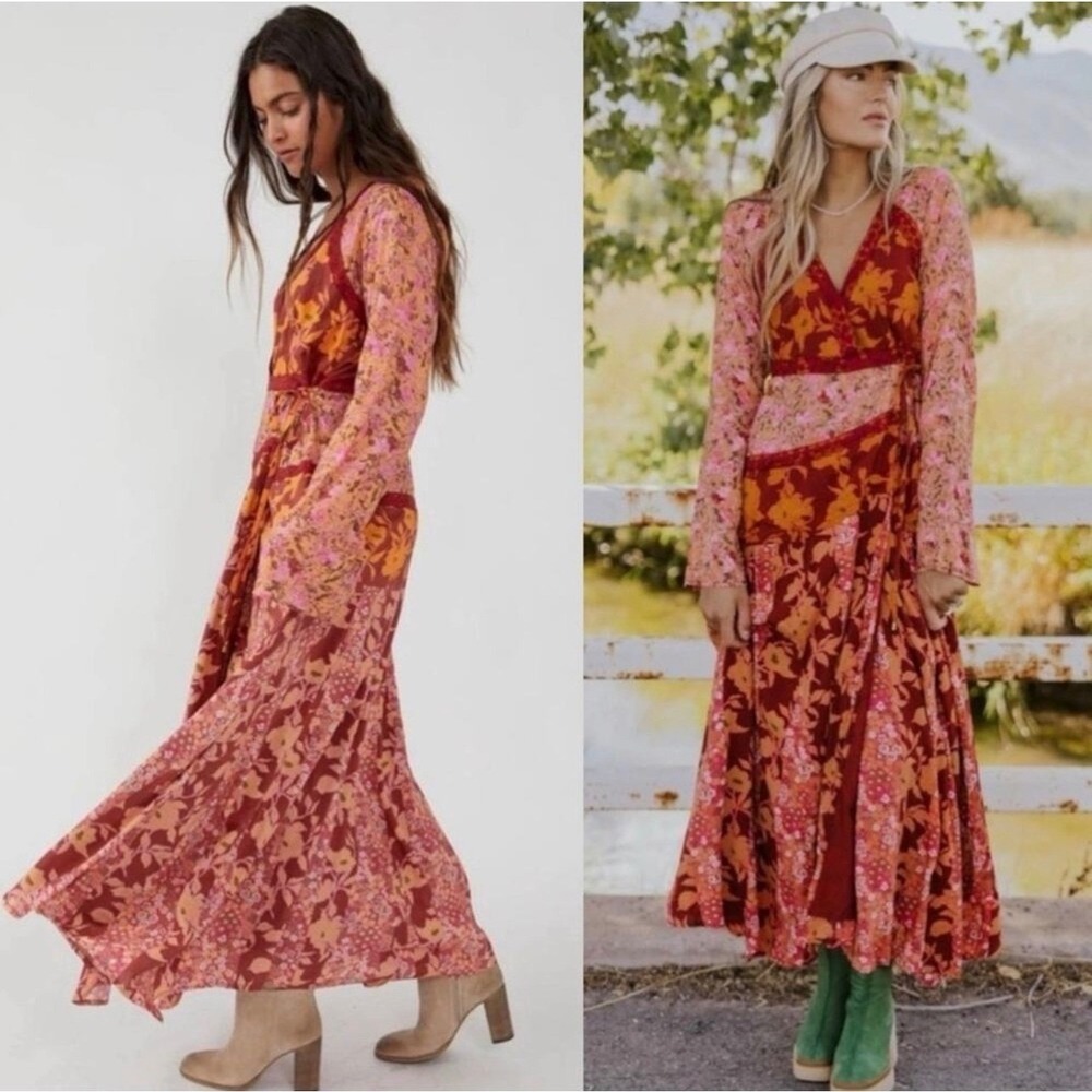 Free People‎ Red Modal Tilda Wrap Dress Floral Boho Maxi M